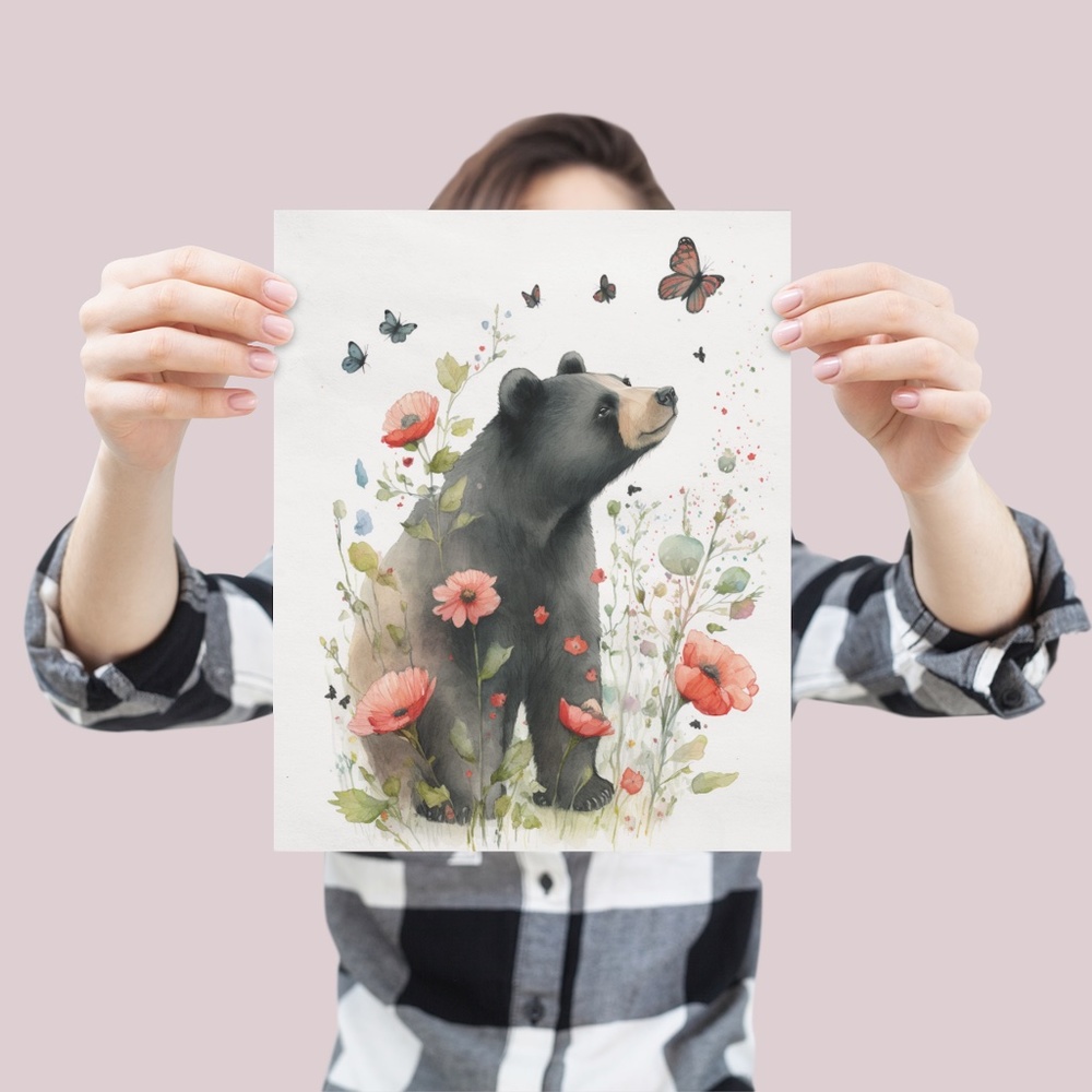 Watercolor Floral Black Bear Portrait Wall Art Illustration Print Unframed - Picture 4 of 6